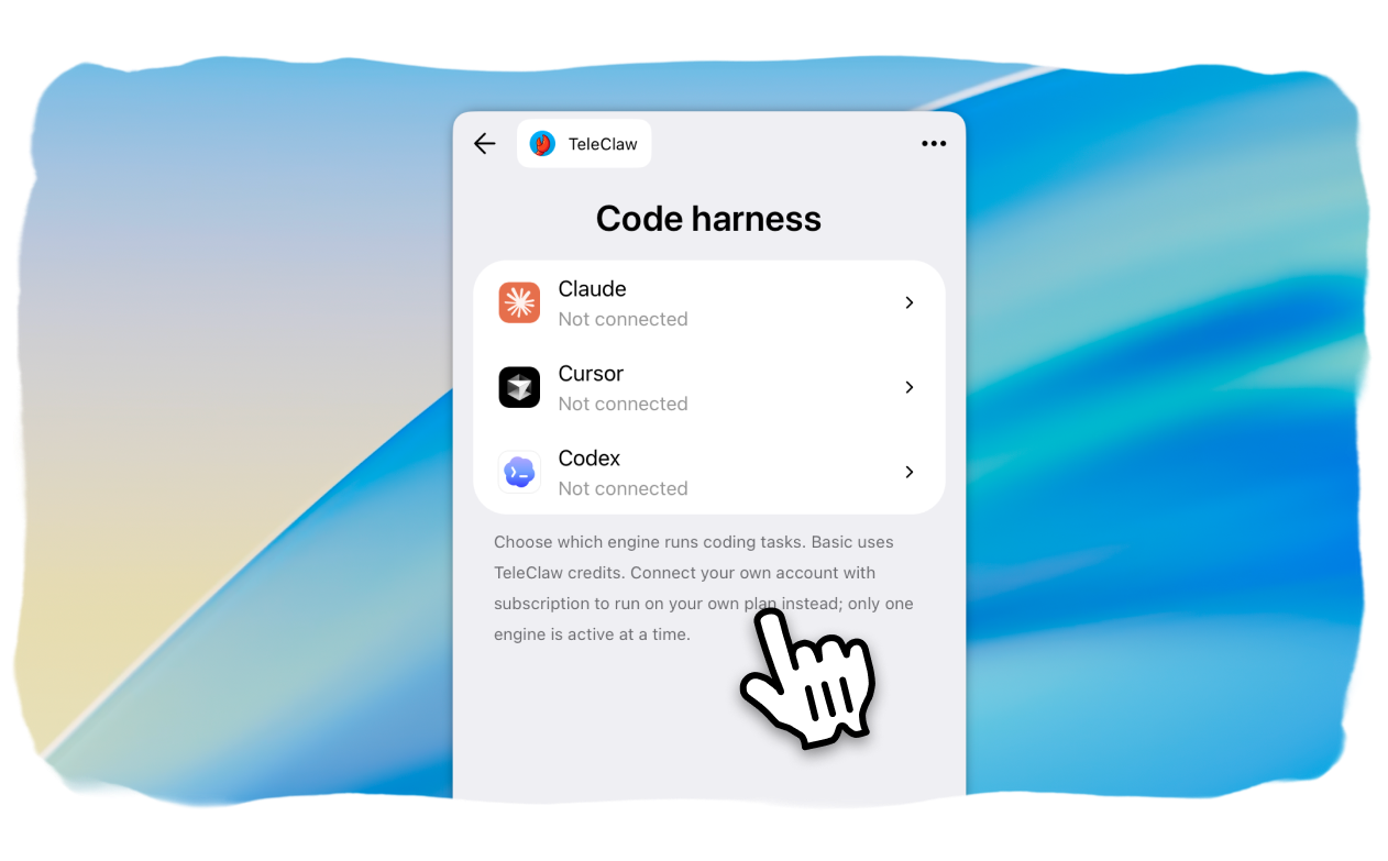 TeleClaw Code harness-Bildschirm in der Telegram Mini App, der zeigt, wie Claude verbunden und aktiv ist, während Cursor und Codex zum Verbinden verfügbar sind, mit dem Basic- und Claude-Engine-Umschalter darunter