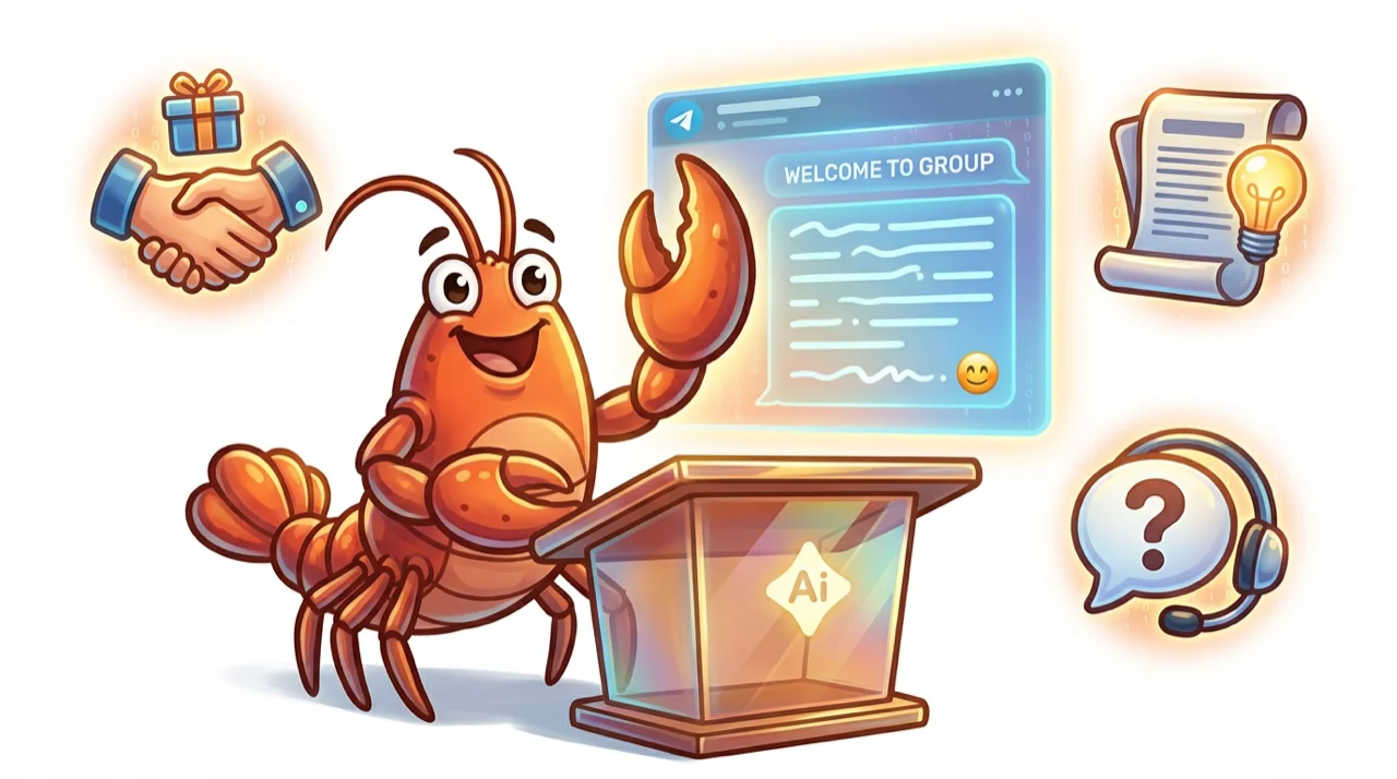 Telegram onboarding bot welcome screen with lobster mascot greeting a new member
